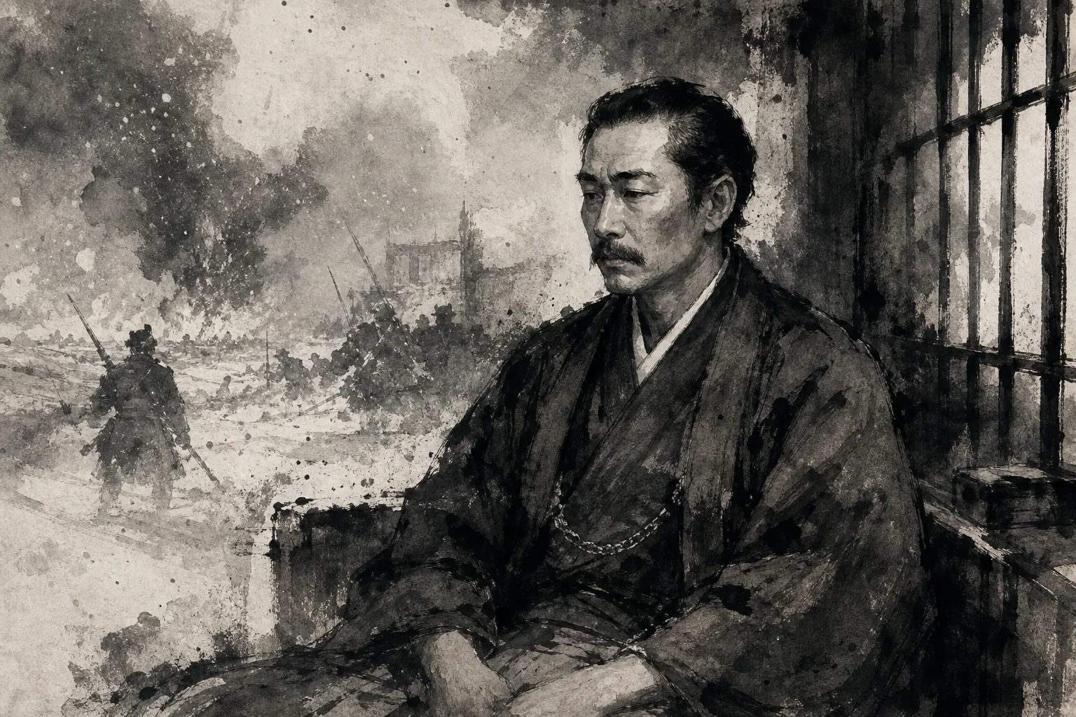 榎本武揚「囚中作自歎身世與心違胸裡汗靑未治饑天」をイメージした人物墨絵