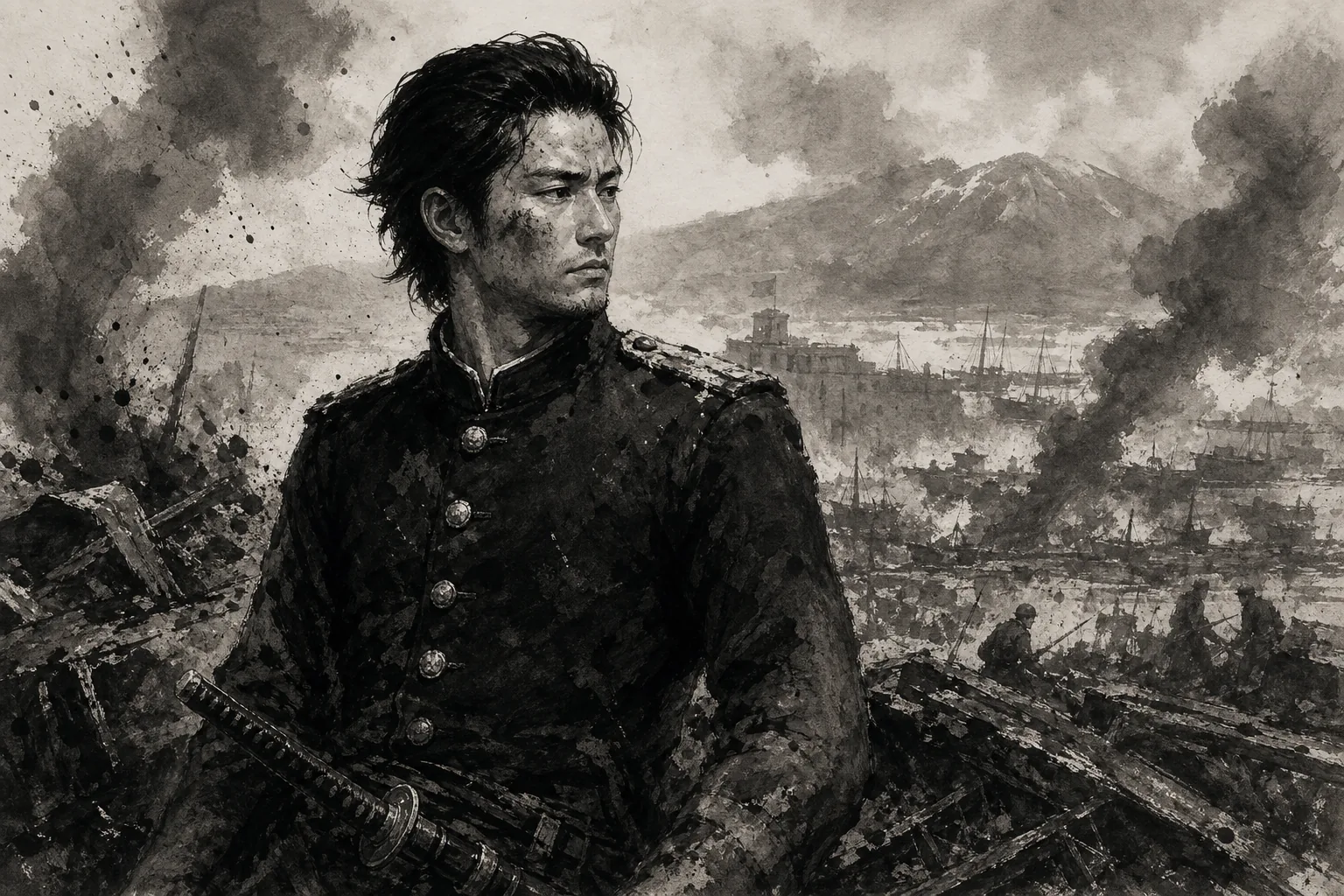 土方歳三「わが齢氷る辺土に年送る」をイメージした人物墨絵