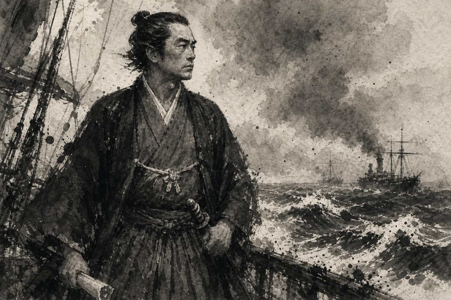 勝海舟「過遠州灘丹心憂國幾艱難西走東奔未處安」をイメージした人物墨絵