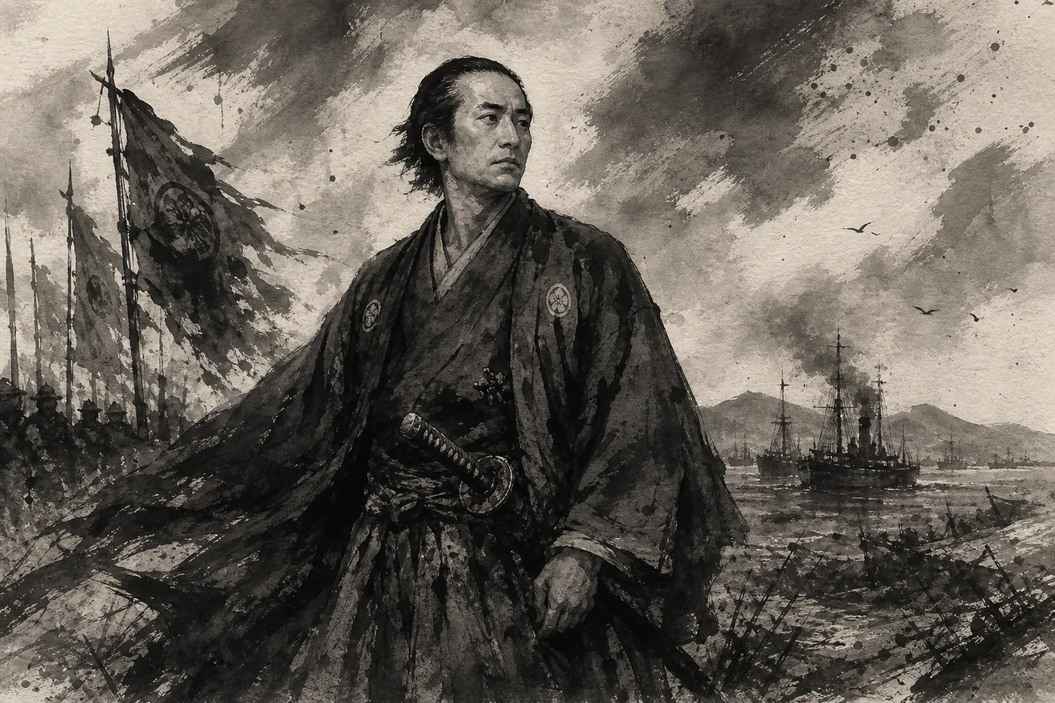 木戸孝允「去歳王師迫我疆今朝孤剣入他郷回頭世事」をイメージした人物墨絵
