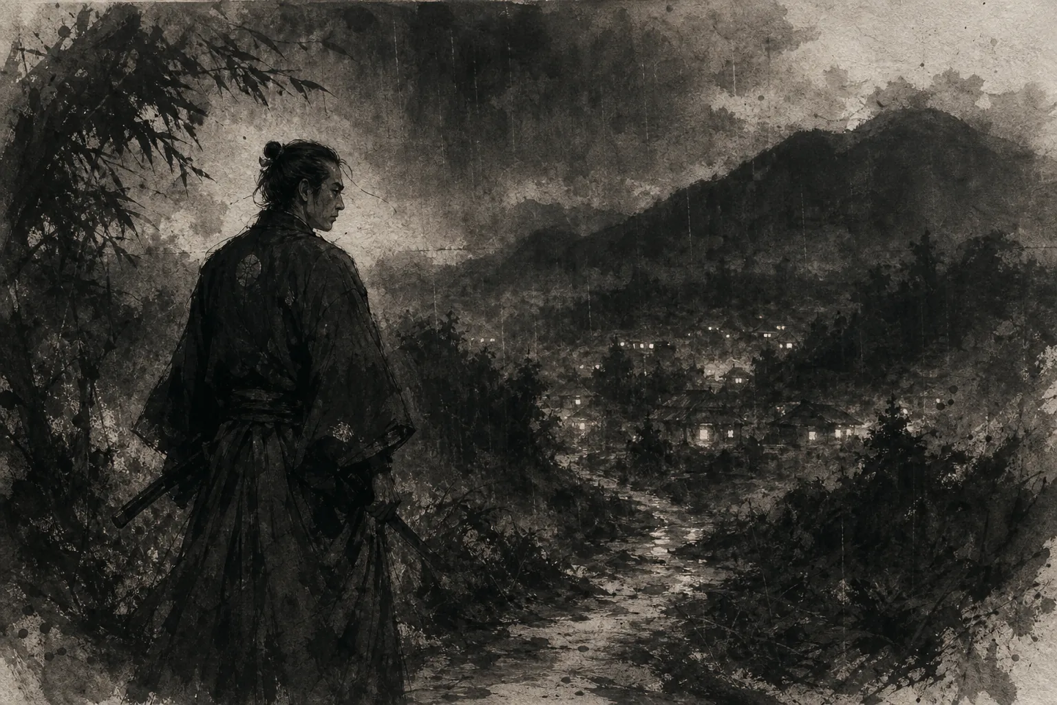 Takayoshi Kido ink painting inspired by After long rain clears, night mountains lie across the sky; beyond the ...