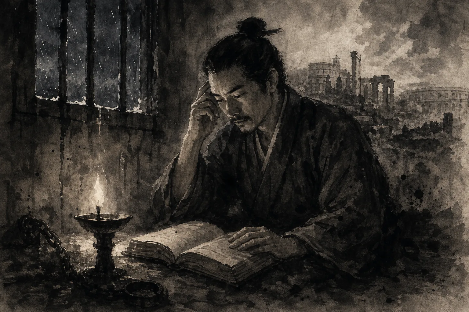 Munemitsu Mutsu ink painting inspired by Late at night in prison I read European history; nations rise and fall ...