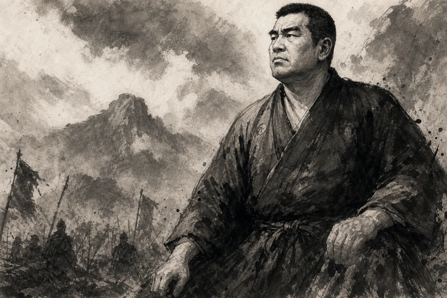 西郷隆盛「幾歴辛酸志始堅丈夫玉碎恥甎全我家遺事」をイメージした人物墨絵