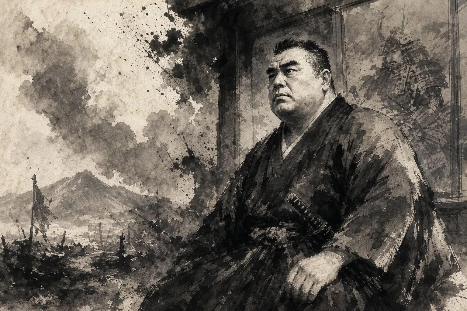 西郷隆盛「奇策明籌不可謨正勤王事是眞儒懷君一死」をイメージした人物墨絵