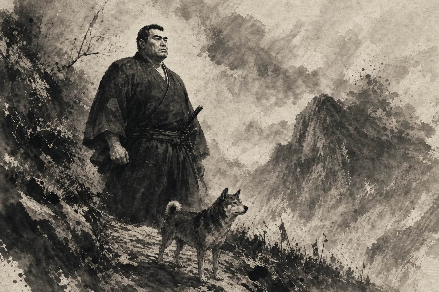 Takamori Saigo ink painting inspired by Hard as it is to climb through clouded peaks, crossing the steepness of...