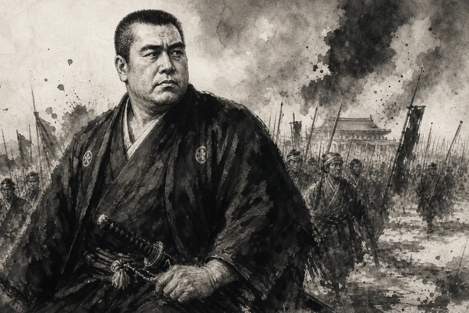 西郷隆盛「王家衰弱使人驚憂憤捐身千百兵忠義凝成」をイメージした人物墨絵
