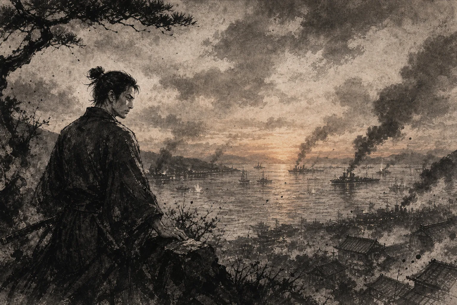 Shinsaku Takasugi ink painting inspired by At Shimonoseki, the sea stretches into cloud; evening smoke closes over...